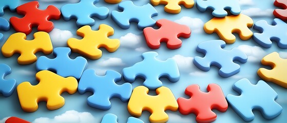 Colorful puzzle pieces on a light blue background with clouds