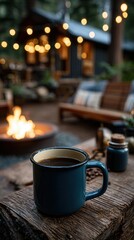 Fototapeta premium Peaceful evening coffee by firepit at rustic cabin retreat