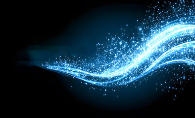 Dynamic blue light stream with sparkle effect against a dark background illustrating futuristic digital concepts and energetic motion