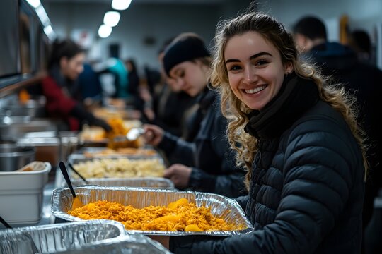 Volunteers serving food at a shelter