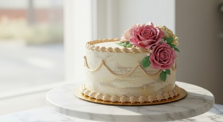 Fototapeta premium Elegant cake decorated with pink roses on a marble display stand in a bright, modern kitchen setting with natural light streaming in from a window