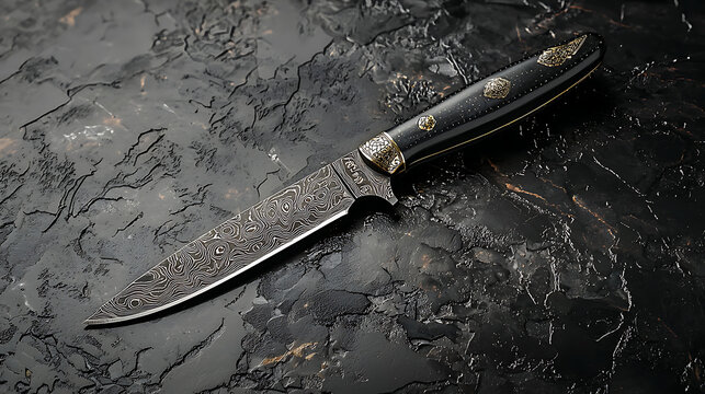 A knife with a gold handle and a black blade sits on a dark surface