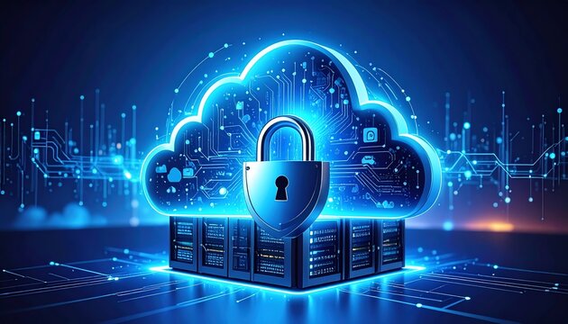 A digital cloud with a lock symbolizes cybersecurity and data protection in a high-tech environment
