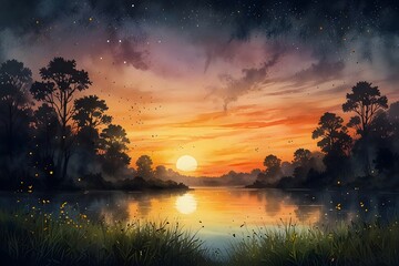 Naklejka premium A romantic sunset with fireflies emerging as the light fades in watercolor style