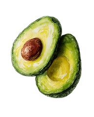 A watercolor illustration of halved avocados. Perfect for health food, vegan menus, and kitchen prints.