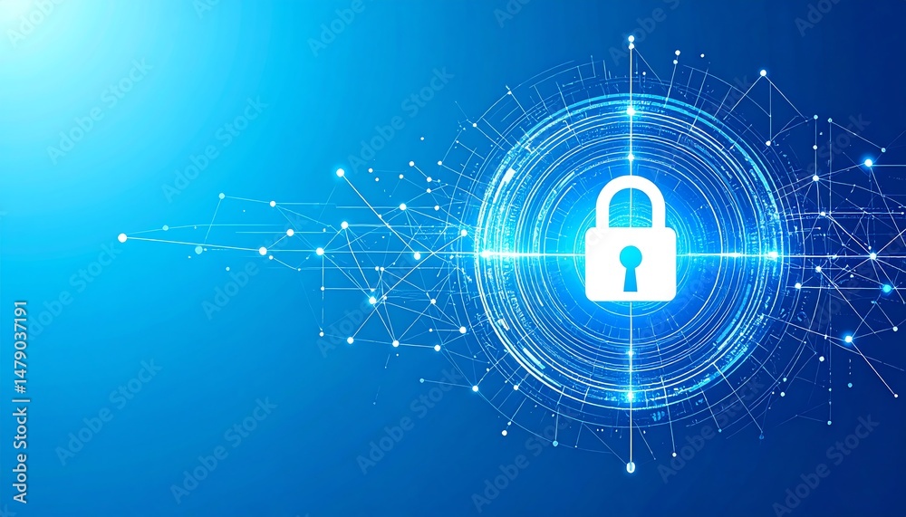 Poster a futuristic digital lock symbolizing cybersecurity and data protection, surrounded by a network of 