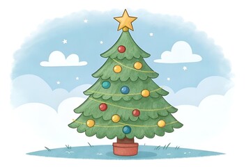 Fototapeta premium Digital Christmas Tree Illustration with Pastel Watercolor Background and Ornaments