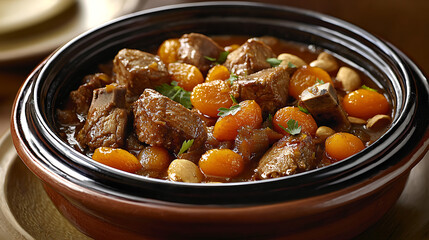 A bowl of stew with meat and orange slices