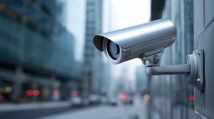 A 4K photo of sleek security camera mounted on a modern building wall, monitoring the surroundings in high resolution.