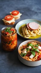 Modern food still life with sandwiches, pasta and pizza on dark table