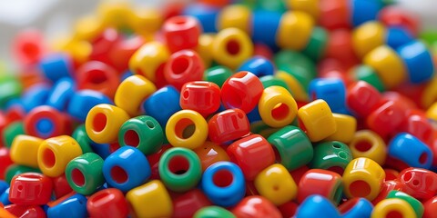 Close-up of colorful plastic pony beads in vivid red, yellow, green, blue, and orange tones, ideal for crafting, DIY jewelry projects, or playful creative design concepts


