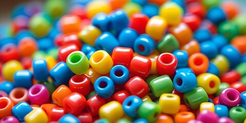 Close-up of colorful plastic pony beads in vivid red, yellow, green, blue, and orange tones, ideal for crafting, DIY jewelry projects, or playful creative design concepts


