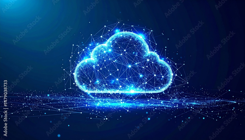 Poster a glowing digital cloud composed of interconnected nodes and lines, representing technology and data