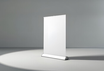 Blank white vertical banner stand on isolated background, ideal for advertising, exhibitions, trade shows, or marketing presentations.