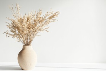 Minimalist ceramic vase with dried pampas grass arrangement in warm beige tones, soft natural lighting casting subtle shadows on white background.