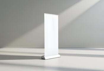 Blank white vertical banner stand on isolated background, ideal for advertising, exhibitions, trade shows, or marketing presentations.