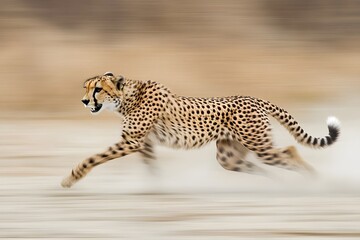 Obraz premium Magnificent cheetah in motion demonstrates speed and agility against a blurred backdrop