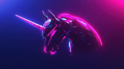 Metallic unicorn head, vibrant neon glow