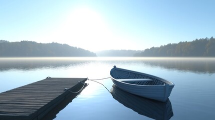 Serene lake scene with wooden dock and small boat