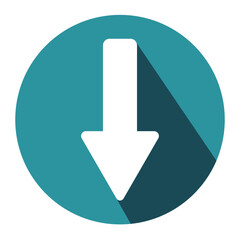 Flat design down arrow icon. Teal circular button with white arrow and long shadow. Download, scroll, or navigation symbol for web, app.