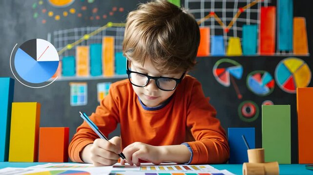 smart kid business learning and knowledge concept, young boy wearing formal business attire with graph and chart as background,