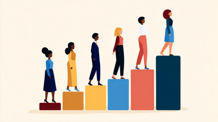 An artistic representation showing women of diverse backgrounds climbing step-like blocks, symbolizing growth, career advancement, and progress, with a clean and minimalistic style in neutral tones.