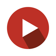 Flat design play button icon. Red circular button with white triangle symbol and long shadow. Start, media, or video player interface element.