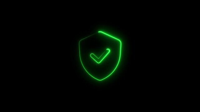 Green neon shield with checkmark affirming security and protection on black background