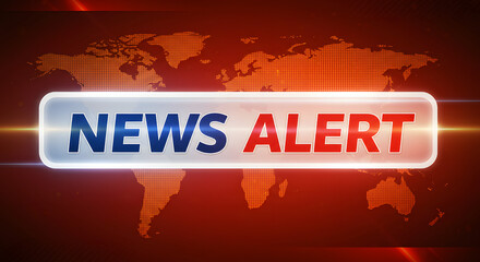 Striking "News Alert" design with bold gradient blue "News" and vivid red "Alert" text centered on a glossy white bar with dark blue outlines, adding depth and urgency.