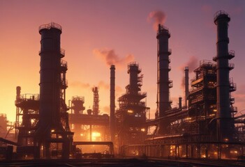 Fototapeta premium Dark refinery profile against vibrant sunrise , industrial, fuel, industrial complex