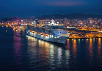 Naklejka premium Majestic cruise ship illuminated at night docked in harbor with vibrant city skyline and twinkling lights reflected on water surface
