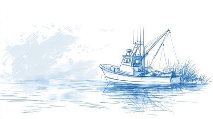 Obraz premium Fishing boat sketch on tranquil water
