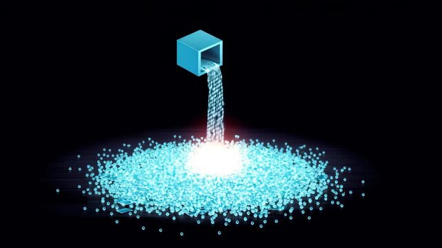 Data stream flows from glowing blue cube, forming digital pool and pile of data blocks on dark background, symbolizing technology, information transfer, and innovation