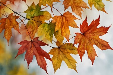 Close-up of maple leaves with vibrant fall colors