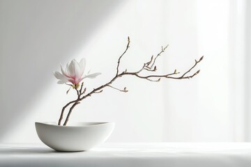 Modern ikebana flower arrangement in asymmetric ceramic vessel, featuring a single dramatic bloom with bare branches, zen aesthetic and negative space design.