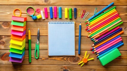 Vibrant colorful stationery flat lay on a wooden table, wooden table, pen