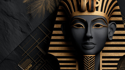 Majestic Pharaoh: An artistic homage to ancient Egypt, presenting a regal pharaoh with ornate gold detailing and a powerful presence, intertwined with the intriguing silhouette of a guitar.