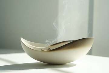 Modern incense holder with ash catcher, burning cone creating subtle smoke trails, zen meditation aesthetic with dynamic smoke effect.