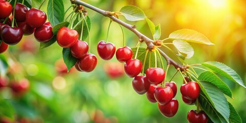 red cherry branch in garden, green leaves, fresh juicy red cherries