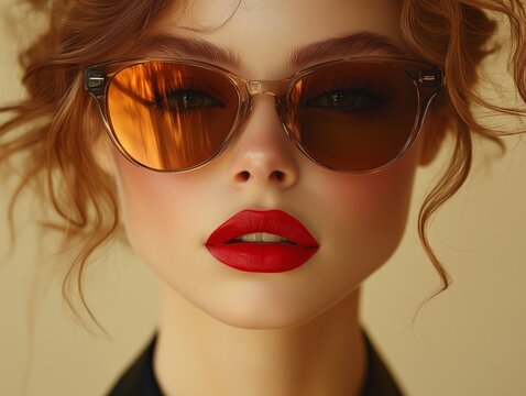 Vintage Glamour: Modell mit &Uuml;bergr&ouml;&szlig;en-Sonnenbrille und kr&auml;ftigem Lippenstift