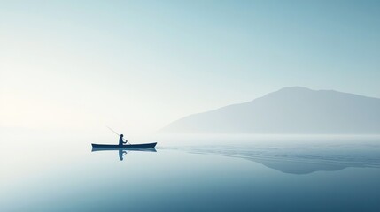 Peaceful lake scene with a lone fisherman