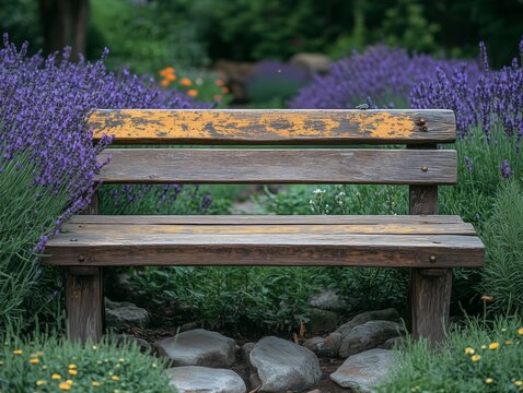 Rustikale Holzbank im botanischen Garten mit bl&uuml;hendem Lavendel und summenden Bienen