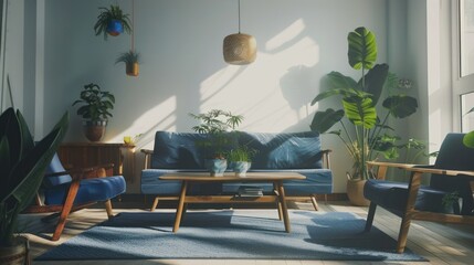 Sunlit living room with blue sofa, armchairs, coffee table, rug, and potted plants