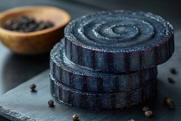 A Premium, Moody Representation of Navy Blue Canape on Black Plate