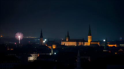 Obraz premium Tallinn Medieval Skyline at Night with Fireworks – Estonian Celebration in Rich Teal Tones, Generative AI
