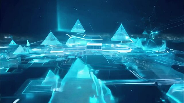 Glowing digital structures rising from connected network grid in futuristic environment. Technology concept highlights advanced infrastructure, intelligent systems and data processing for business 