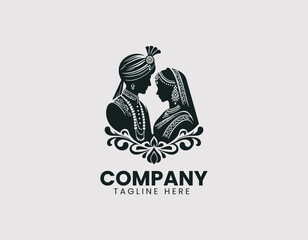 Elegant Indian Traditional Wedding Couple Illustration Vector Logo Design,  Graceful Indian Bride and Groom Traditional Attire Vector Logo