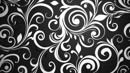 Monochrome black and white flock wallpaper with abstract swirls