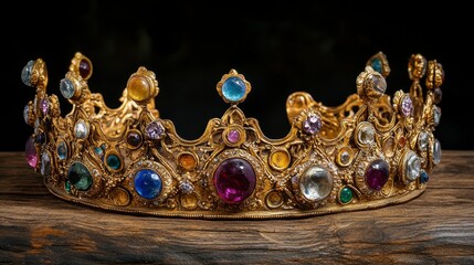 Ornate gold crown adorned with colorful gemstones rests on aged wood against black background.