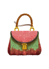Women's handbag, turquoise, with square red strap, knitted with wool, square handle, with small nail flowers on the bag.knitted with wool, square handle, with small daisies on the bag.